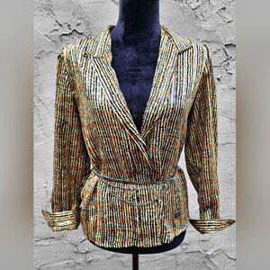 Satin Thin Stripe Deep Plunge Blouse By Yves St. Clair Petites *Needs Repair*